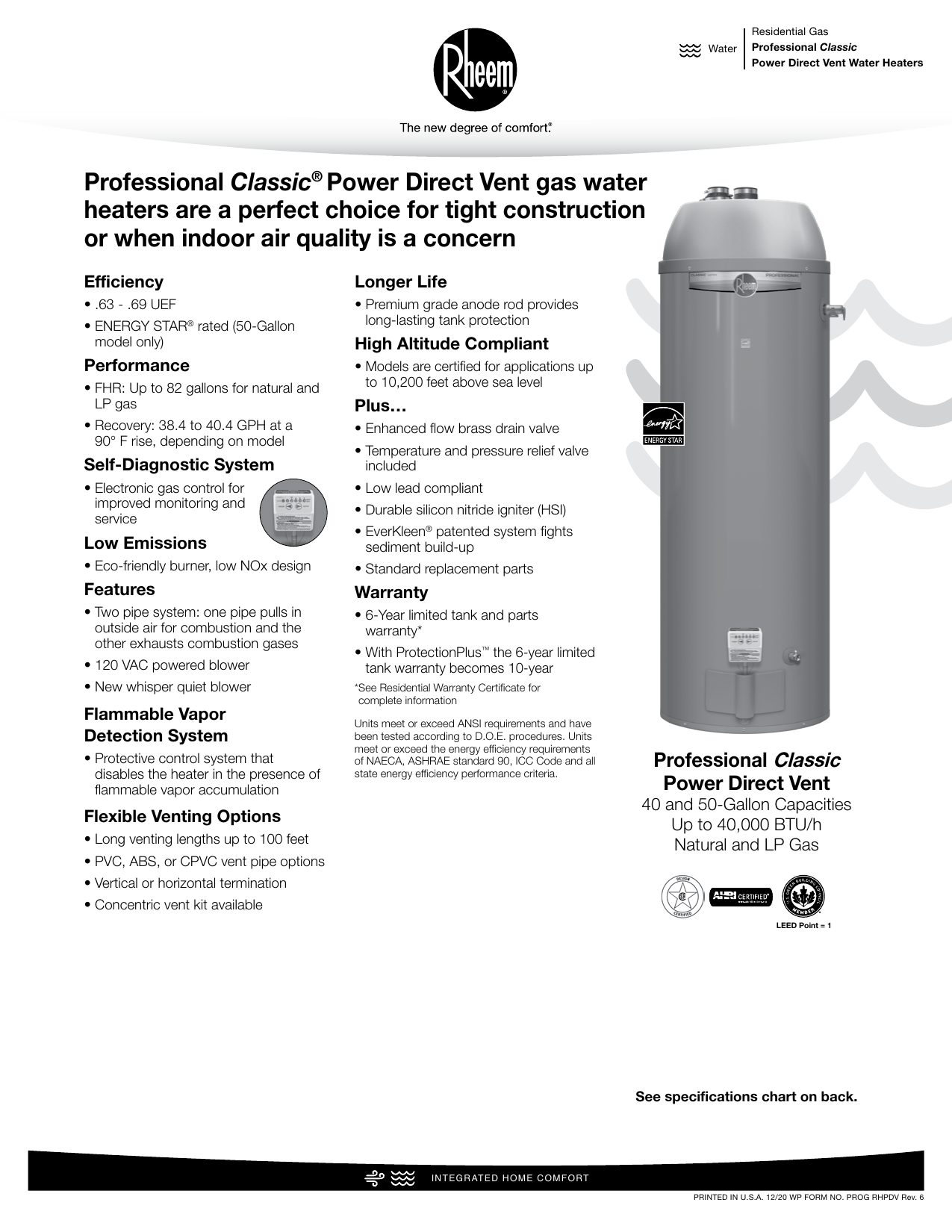 Rheem PROG50-40N RH67 PDV Residential Gas Water Heater Specification |  Manualzz