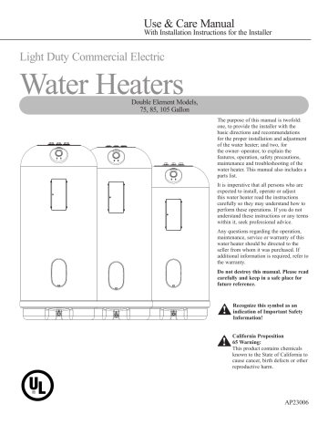 Rheem MELD85-TB Commercial Electric Water Heater Use and Care Manual ...