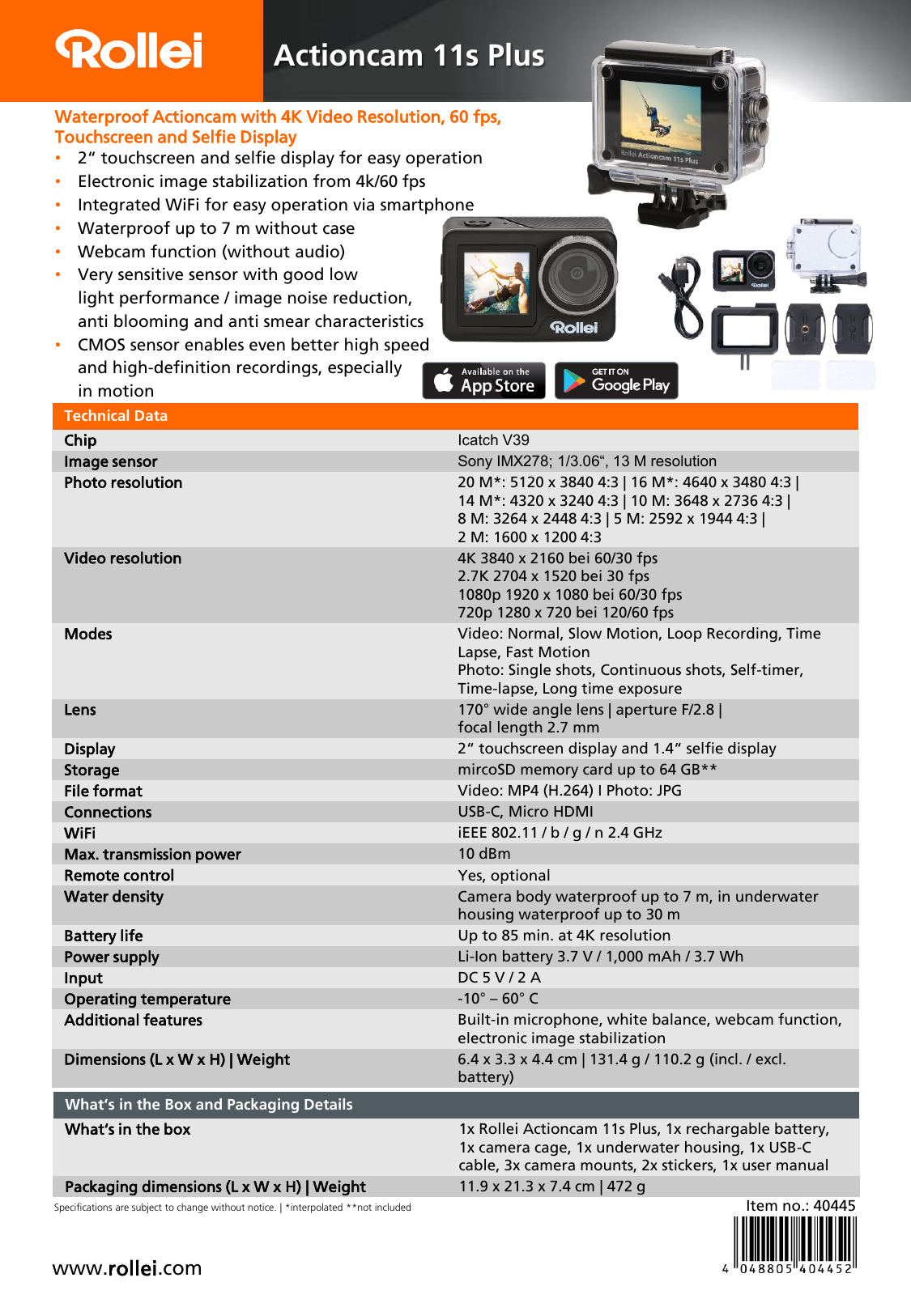 Rollei Actioncam 11s Manualzz sheet | Plus Product
