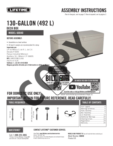 Lifetime 60040 Outdoor Storage Deck Box (130 Gallon) Owner's Manual