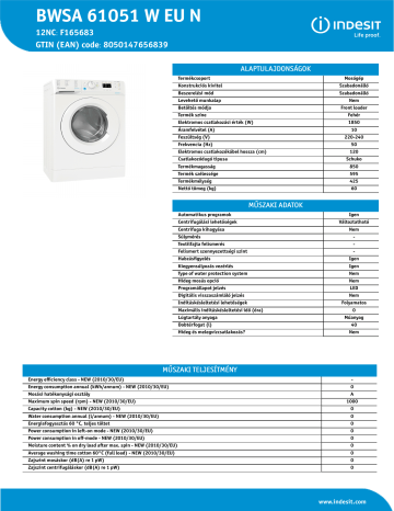 INDESIT BWSA 61051 W EU N Washing machine Product Data Sheet | Manualzz
