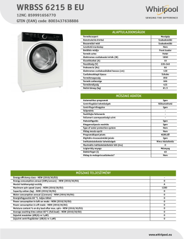 WHIRLPOOL WRBSS 6215 B EU Washing Machine Product Data Sheet | Manualzz