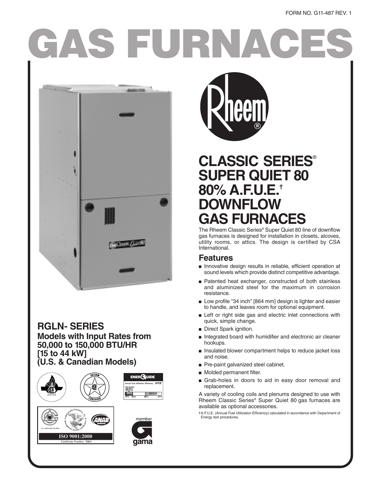 Rheem RGLN-10EBRJR Classic® Series 21 in. 100000 BTU 80% AFUE 2 Ton  Single-Stage Downflow 3/4 hp Natural or Propane Furnace Specification |  Manualzz