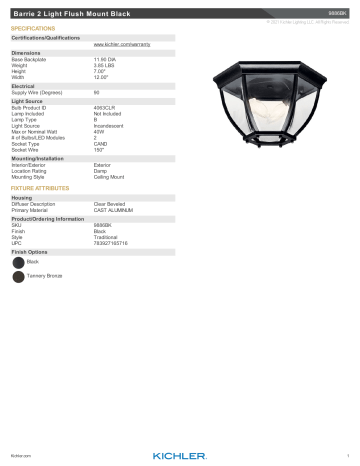 Kichler Lighting 9886BK Townhouse 7 in. 2-Light Outdoor Flushmount Fixture Specification | Manualzz