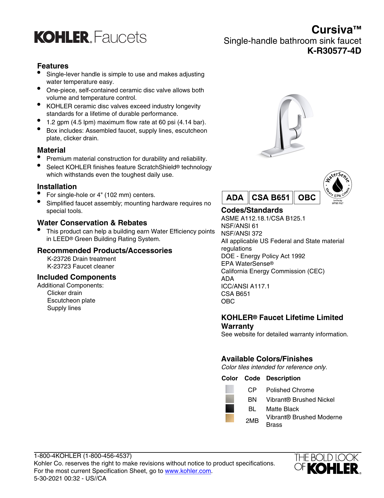 KOHLER Cursiva Widespread 2Handle Bathroom Faucet In Matte, 44 OFF