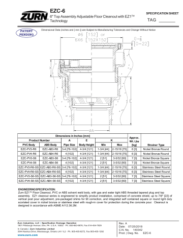 Zurn EZC-PV3-R6 6 in. PVC Cleanout Specification | Manualzz
