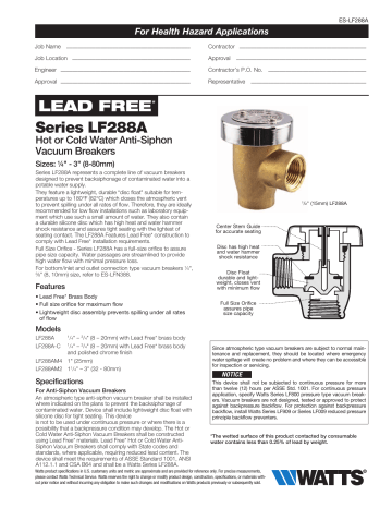 Watts 0792036 Series LF288A FNPT Brass 1/4 In. 125 Psi BFP Vacuum ...