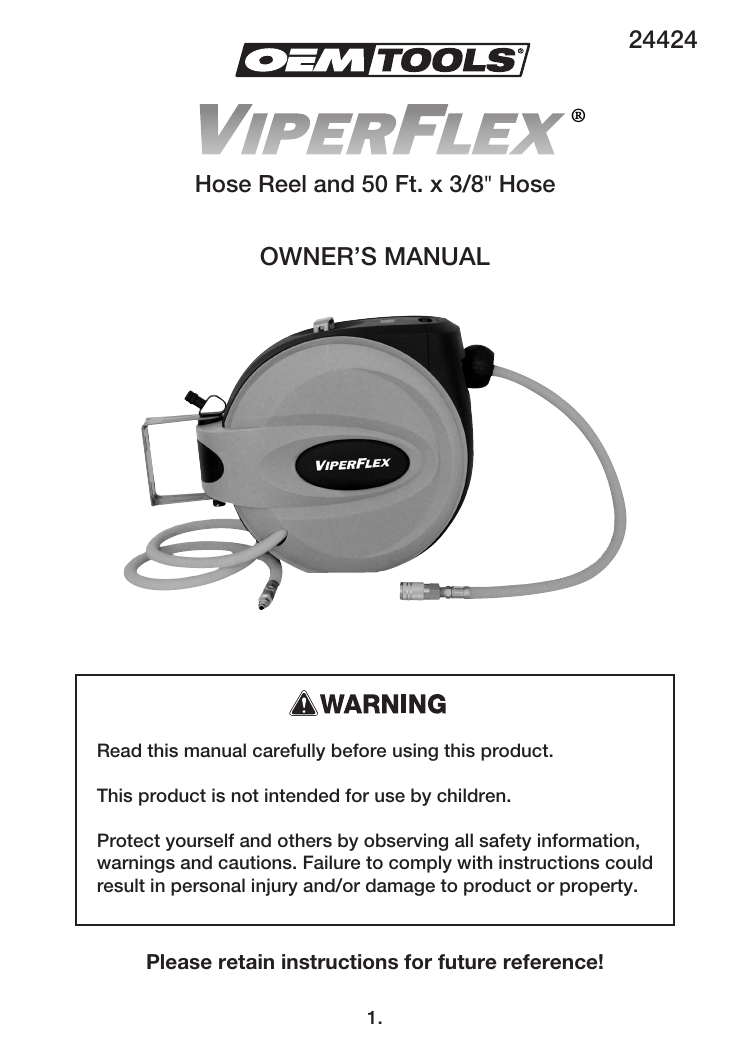 CENTRAL PNEUMATIC Item 64682-UPC 193175438935 3/8 in. x 25 ft. Retractable  Air Hose Reel Owner's Manual