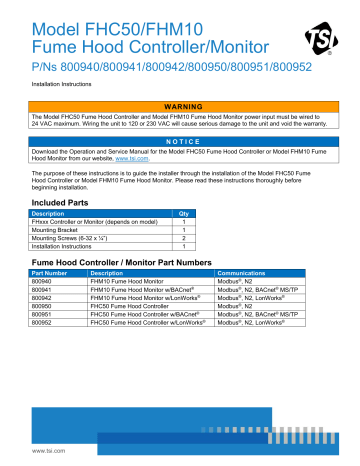 TSI FHC50 FHM10 Fume Hood Controller Monitor Installation Instructions ...