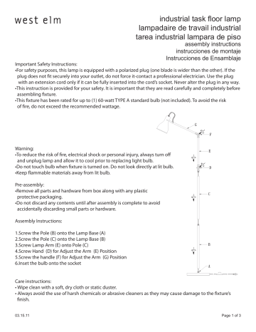 West Elm Industrial Task Floor Lamp Assembly Instructions | Manualzz