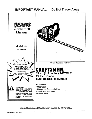 Craftsman 358795631 Hedge Trimmer Owner's Manual | Manualzz