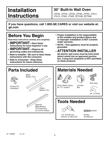 GE JT952SK4SS Electric Oven installation Guide | Manualzz