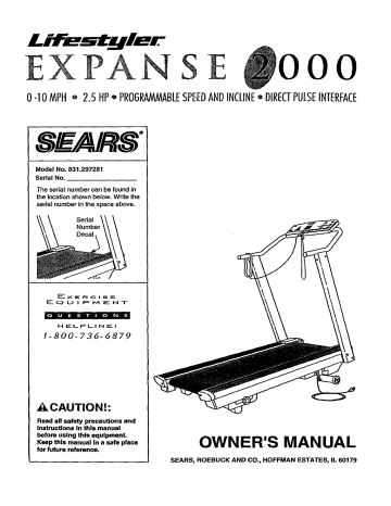 Lifestyler 831297281 Expanse 2000 Treadmill Owner's Manual | Manualzz