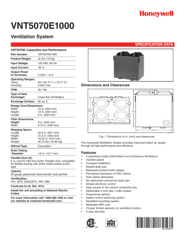 Honeywell VNT5070E1000 80 CFM TrueFRESH Energy Recovery Ventilation System Spec Sheet | Manualzz