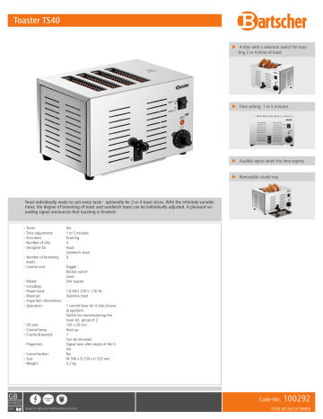 Bartscher 100292 Toaster TS40 Data sheet | Manualzz