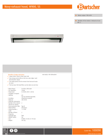 Bartscher 100090 Novy-exhaust hood, W900, SS Data sheet | Manualzz