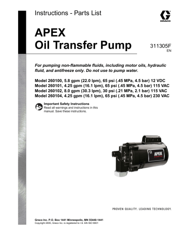 Graco 311305F - APEX Oil Transfer Pump Models 260100, 260101, 260102, and 260104 Instructions | Manualzz