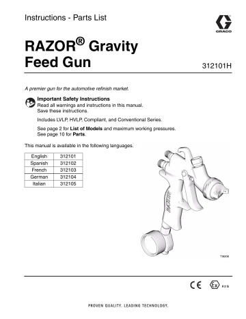 Graco 312101H, RAZOR Gravity Feed Gun, Europe Owner's Manual | Manualzz