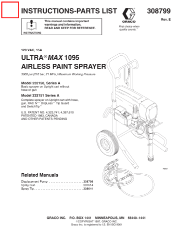 Graco 308799E Ultra Max 1095 Airless Paint Sprayer, 120VAC, 15A Owner's ...