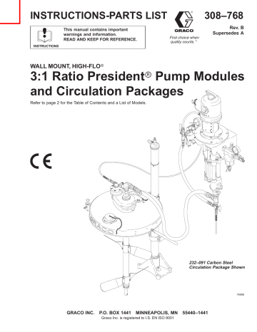 Graco 308768B WALL MOUNT, HIGH-FLO 3:1 RATIO PRESIDENT PUMP MODULDES AND CIRCULATION PACKAGES Owner's Manual | Manualzz