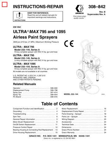 Graco 308842B 230 VAC ULTRA MAX 795 and 1095 Airless Paint Sprayers Owner's Manual | Manualzz