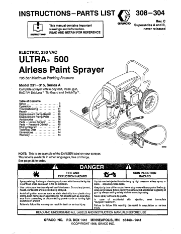 Graco 308304C ELECTRIC,230 VAC ULTRA 500 AIRLESS PAINT SPRAYER Owner's Manual | Manualzz