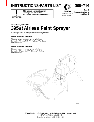 Graco 308714C ELECTRIC, 120 VAC 395 st Airless Paint Sprayer Owner's Manual | Manualzz