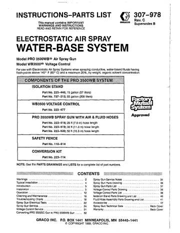 Graco 307978C ELECTROSTATIC AIR SPRAY WATERIBASE SYSTEM Owner's Manual | Manualzz