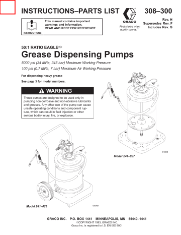 Graco 308300H 50:1 RATIO FALCON Grease Dispensing Pumps Owner's Manual | Manualzz