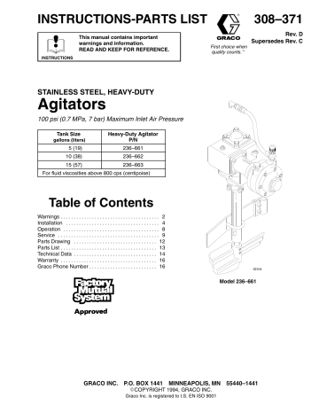 Graco 308371D STAINLESS STEEL, HEAVY-DUTY Agitators Owner's Manual | Manualzz