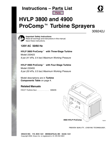 Graco 309424J HVLP 3800 and 4900 ProComp Turbine Sprayers Owner's Manual | Manualzz