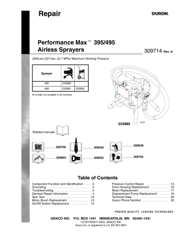 Graco 309714A Duron Performance Max 395/495 Airless Sprayers-Repair Owner's Manual | Manualzz
