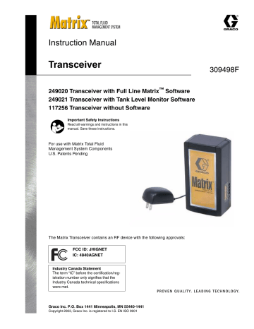 Graco 309498F Matrix Transceiver Owner's Manual | Manualzz