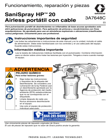 Graco 3A7648C, SaniSpray HP™ 20 airless portátil con cable, Funcionamiento, reparación y piezas El manual del propietario | Manualzz