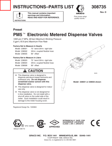 Graco 308735D Preset PM5 Electronic Metered Dispense Valves Owner's Manual | Manualzz