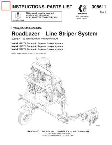 Graco 308611K Hydraulic, Stainless Steel RoadLazer Line Striper System Owner's Manual | Manualzz