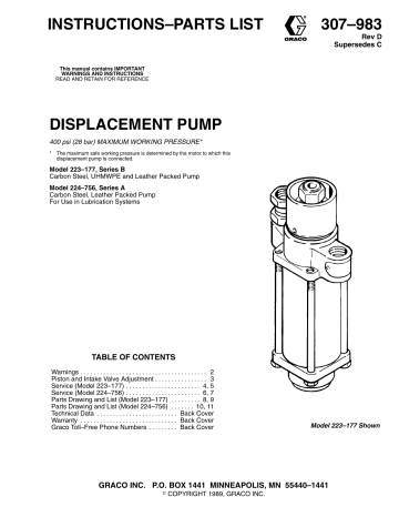 Graco 307983D DISPLACEMENT PUMP Owner's Manual | Manualzz