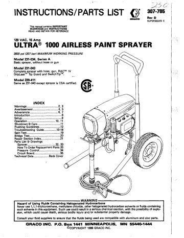 Graco 307785D Ultra 1000 Airless Paint Sprayer Owner's Manual | Manualzz