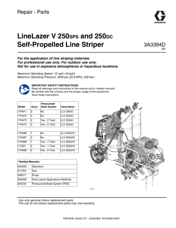 Graco 3A3394D, LineLazer V 250SPS and 250DC Self-Propelled Line Striper, Repair/Parts Owner's Manual | Manualzz
