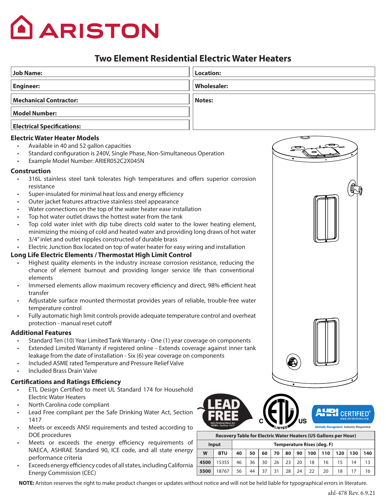 Ariston 100 gal. Electric Water Heater 16,500-Watt with Durable 316 L Stainless Steel Tank