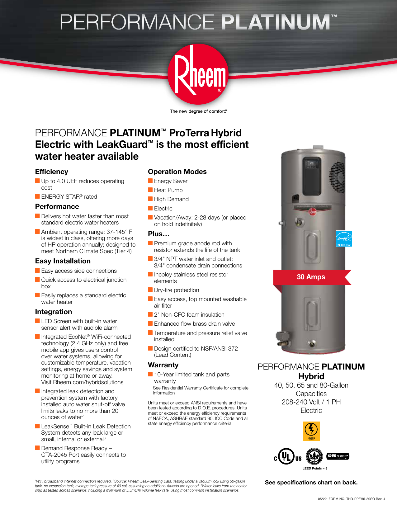 Rheem XE40T10HS45U0 ProTerra 40 Gal. 10-Year Hybrid High Efficiency Smart  Tank Electric Water Heater Specification | Manualzz