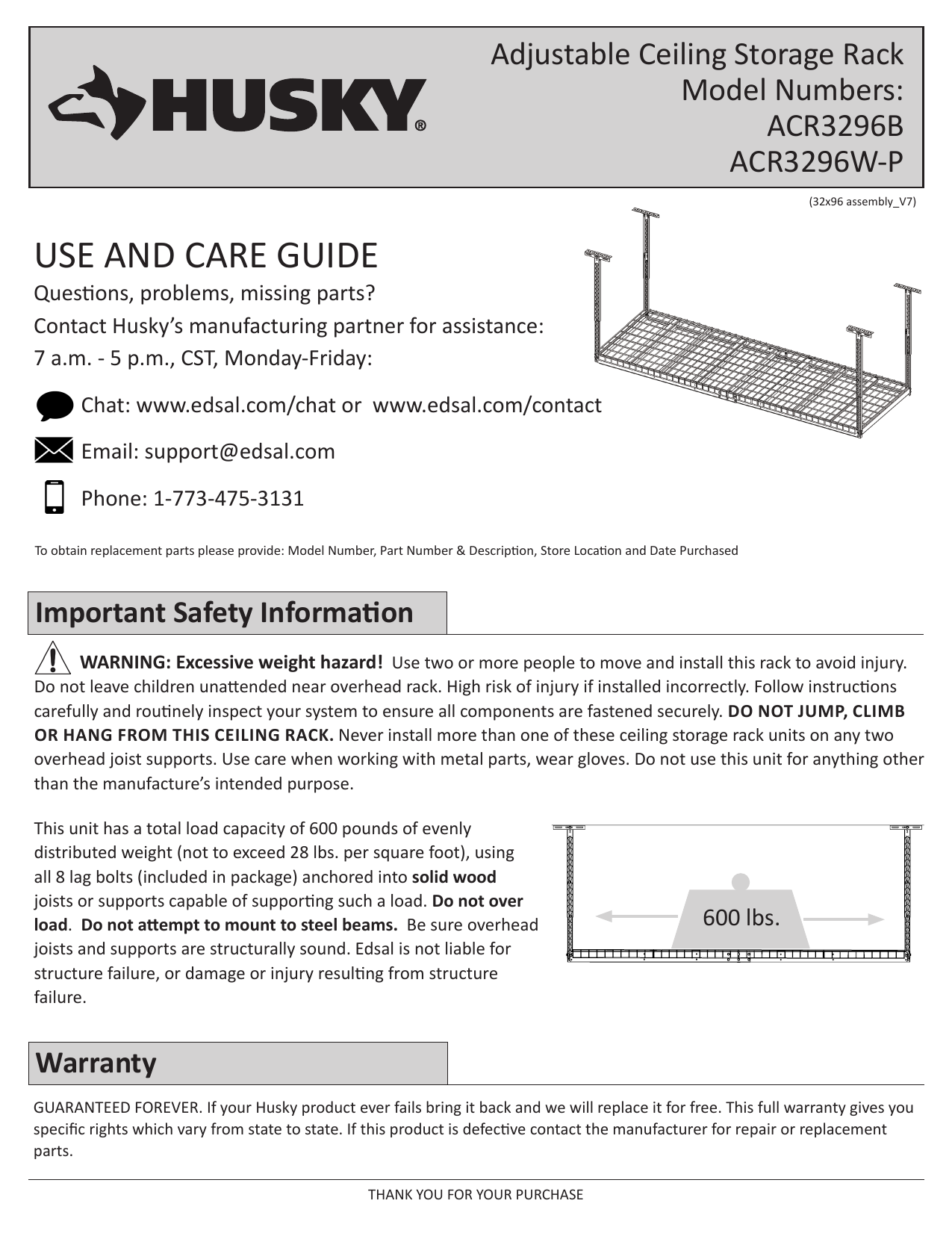 Husky ACR3296B-P Adjustable Height Overhead Ceiling Mount Garage Rack in Black (42 in. H x 96 in. W x 32 in. D)