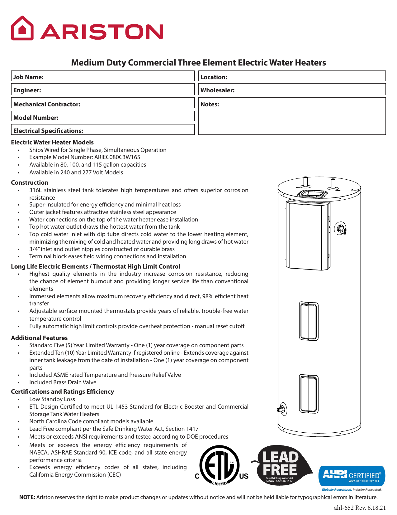 Ariston 100 gal. Electric Water Heater 16,500-Watt with Durable 316 L Stainless Steel Tank