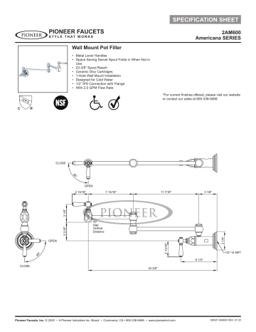 Pioneer Faucets 2AM600-MZ Americana Wall Mount Potfiller Specification ...