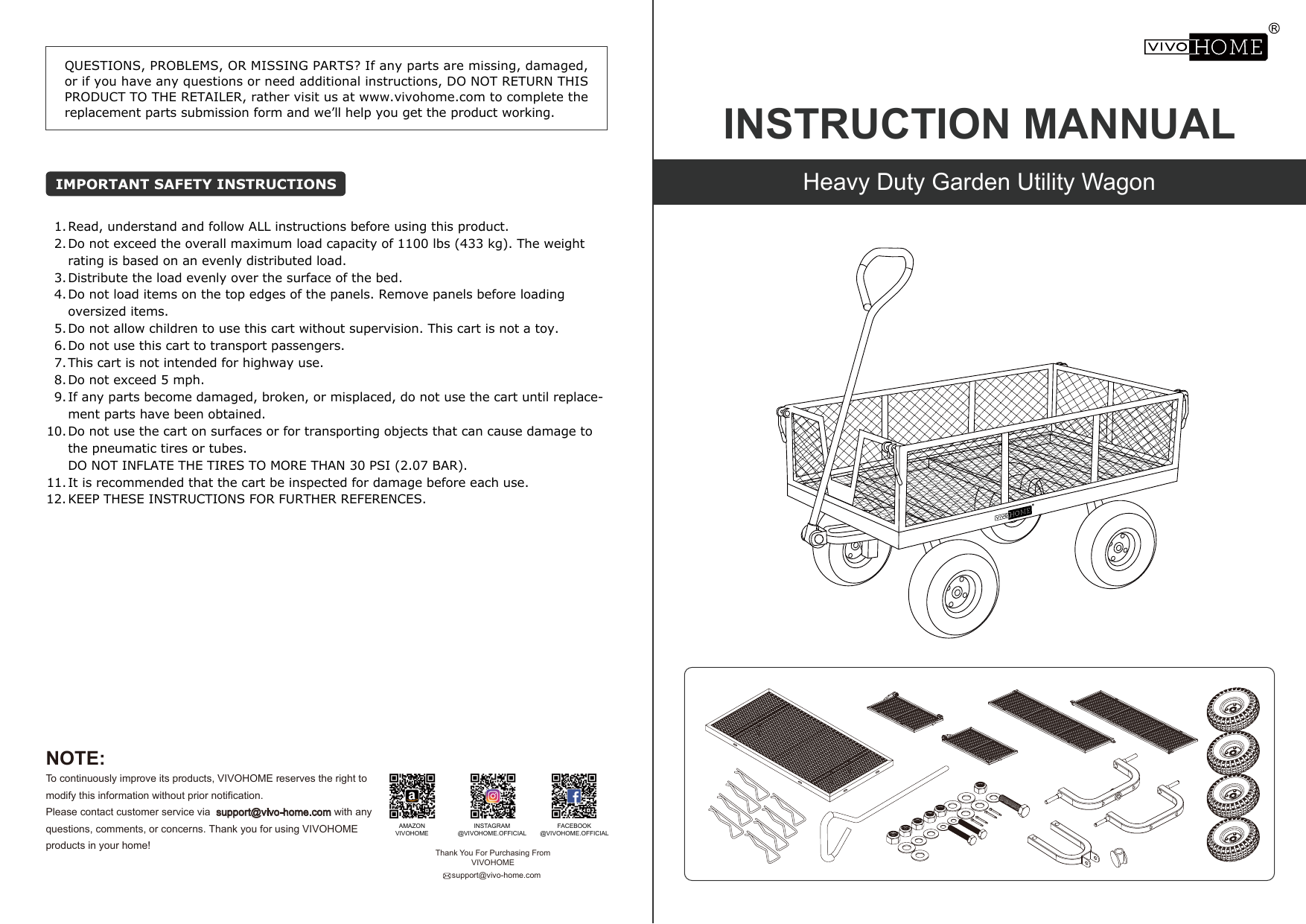 VIVOHOME X002MMKJFL 1100 lbs. Capacity Mesh Steel Garden Cart Instructions