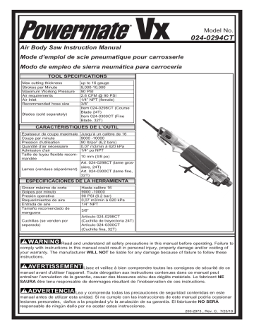 Powermate 024-0294CT Air Body Saw Use and Care Manual | Manualzz