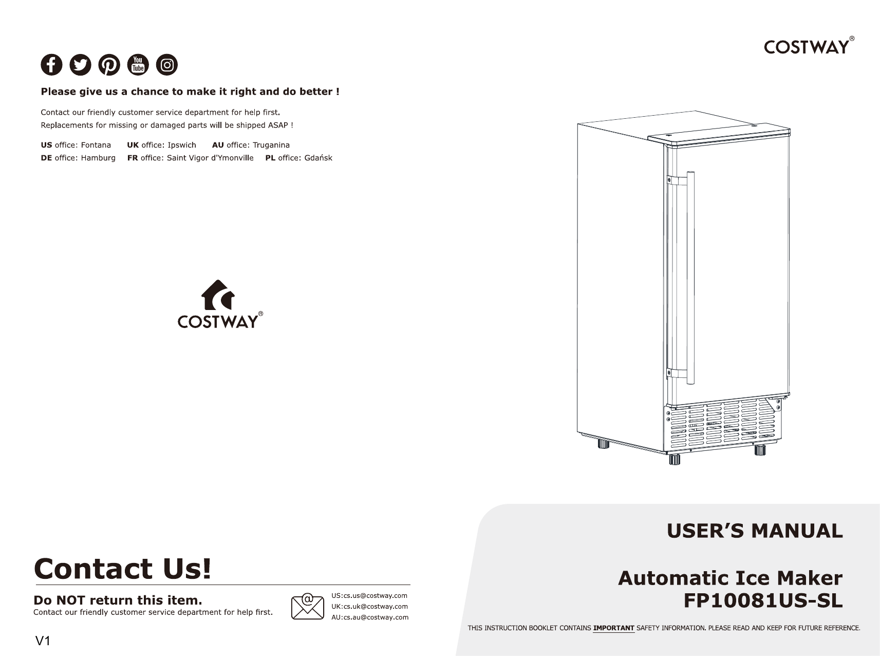 Costway 15 in. 80 lb. Built-In Ice Maker Freestanding 24H Timer