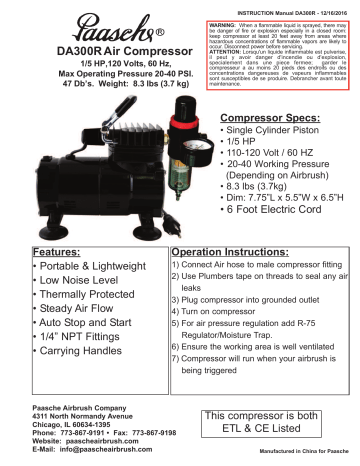 Compresseur D'aérographe Paasche 1/5 HP - Avec Régulateur, Piège à Humidité Et Arrêt Auto