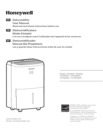 Honeywell TP70PWK ENERGY STAR 50-Pint Dehumidifier User manual | Manualzz