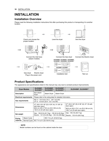 LG Electronics DLGX4001W 7.4 cu. ft. Large Capacity Vented Smart Stackable Gas Dryer installation Guide | Manualzz